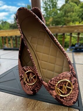 Michael Kors Brown Snake-Print MK Logo Ballet Flats